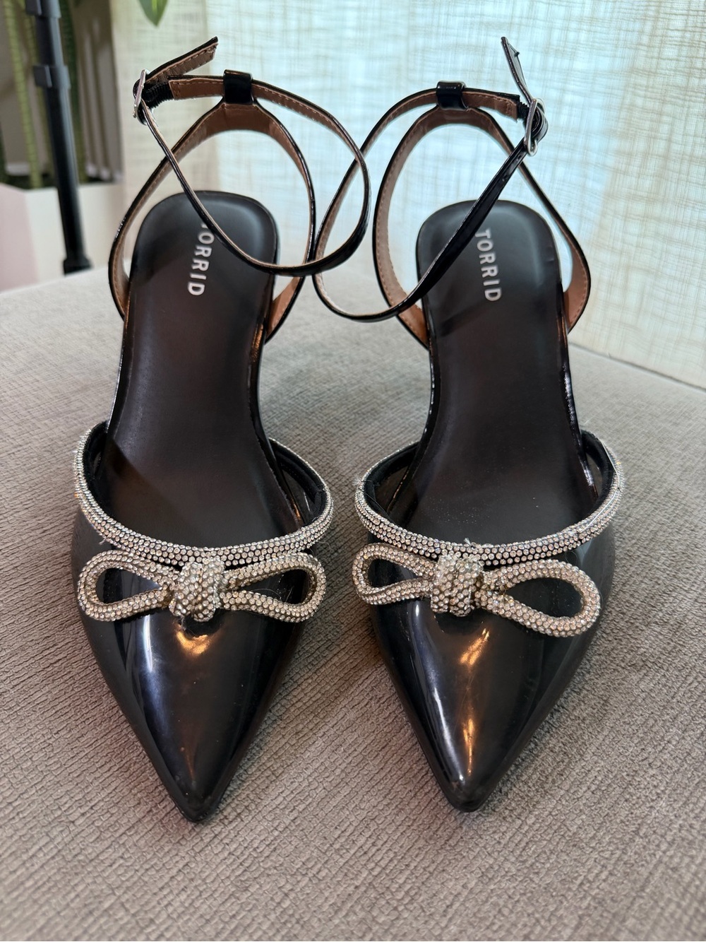 torrid Black Pointed Toe Ankle-Strap Pumps with Crystal Bow
